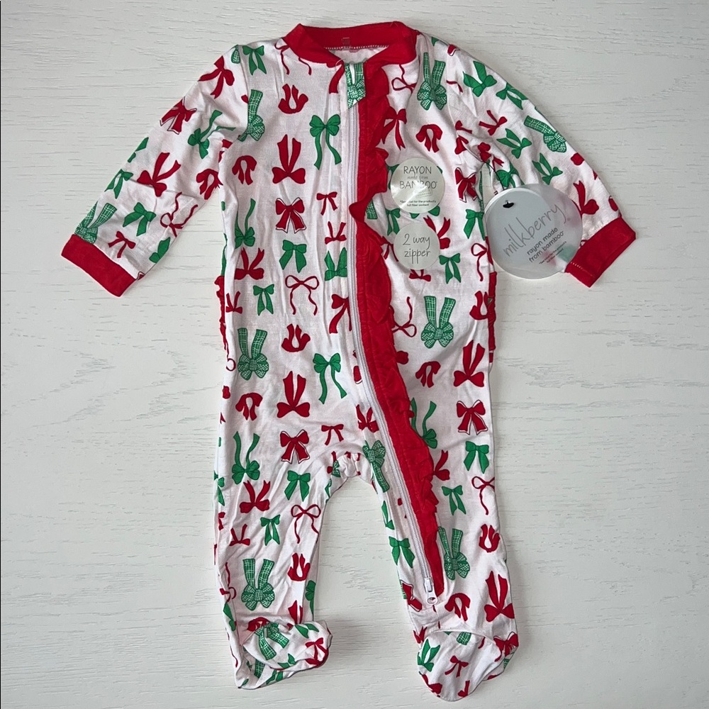 🎄Milkberry Ruffle Holiday Bows Footie 0-3 3-6 6-9 months